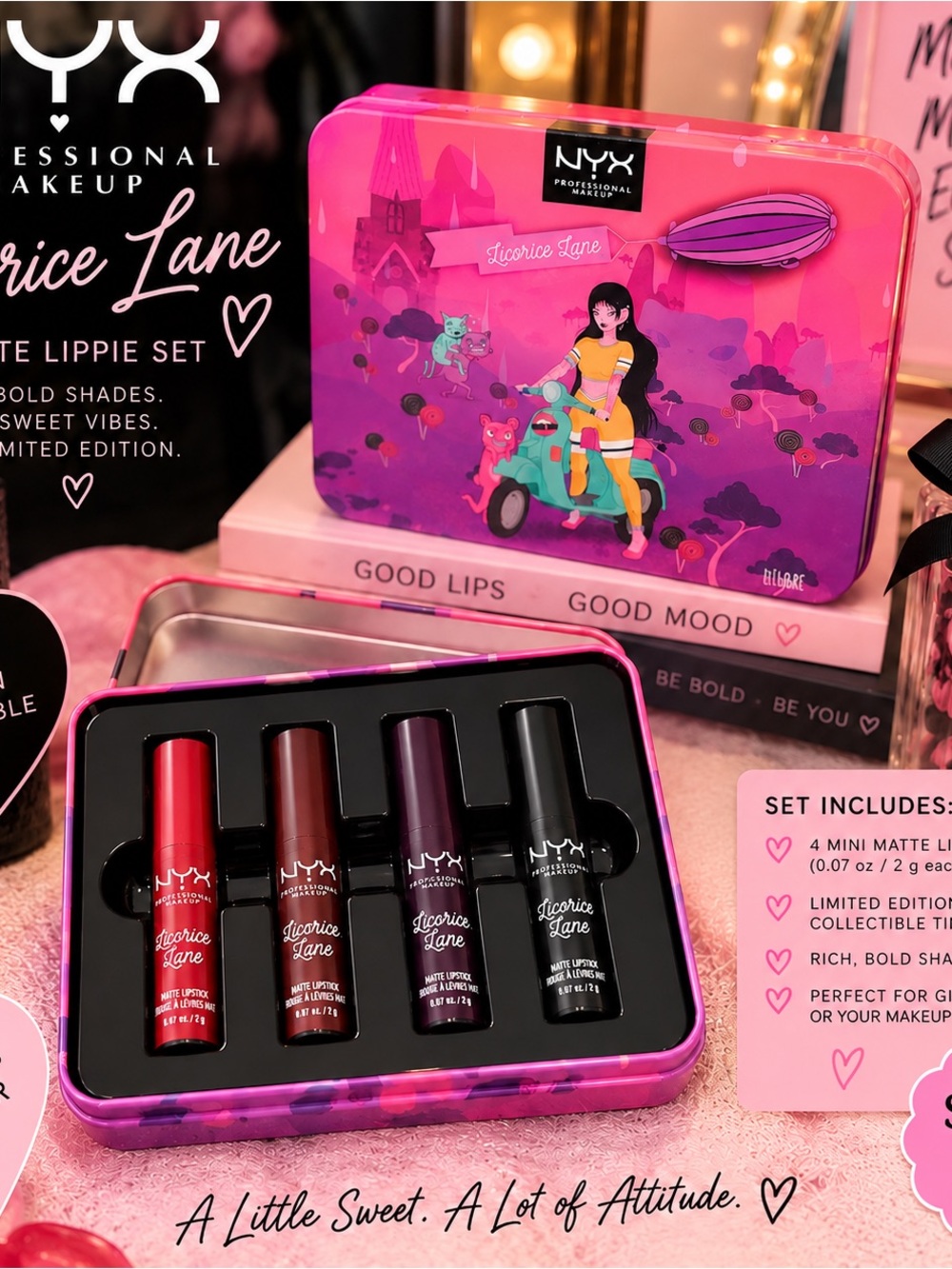 NYX Licorice Lane Mini Matte Lippie Set Red Brown Purple Black New in Tin Box